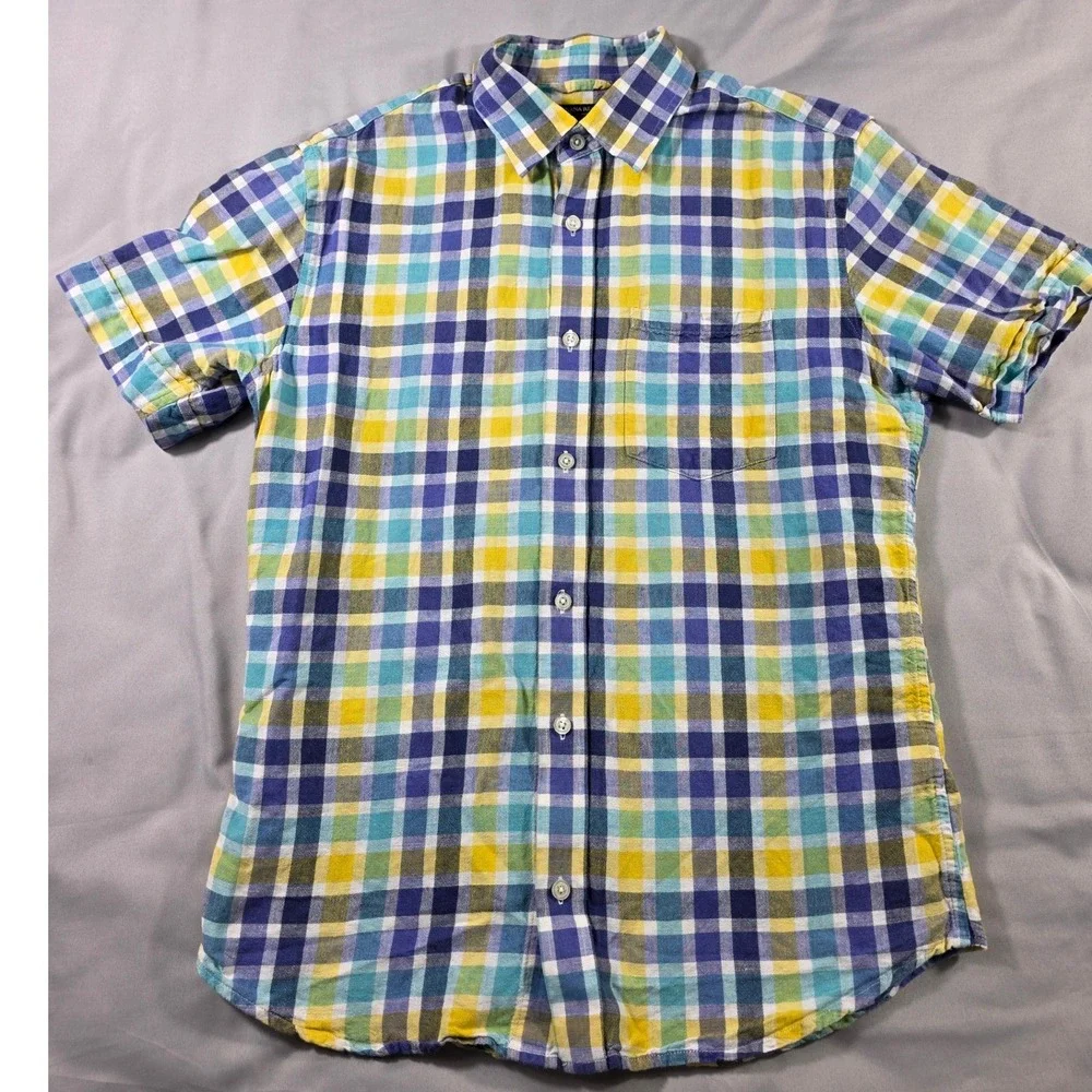 Banana Republic Linen Blend Short Sleeve Plaid Shirt Mens Small Yellow Blue
